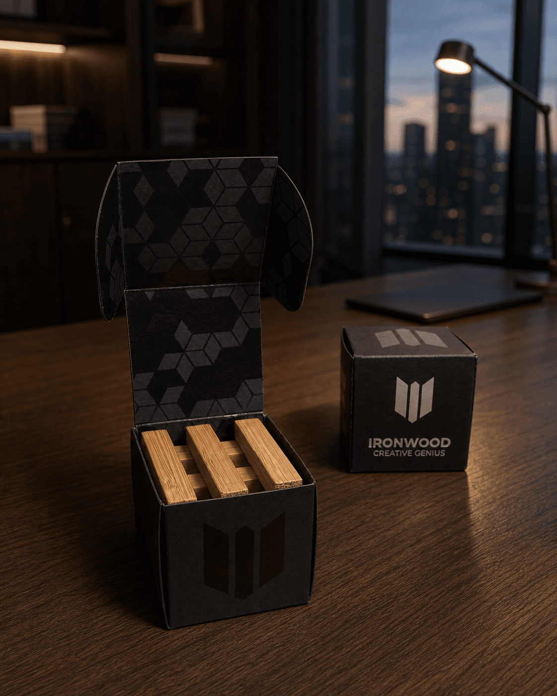 An open black Ironwood box with hardwood bars inside, beside a closed box on a walnut desk.