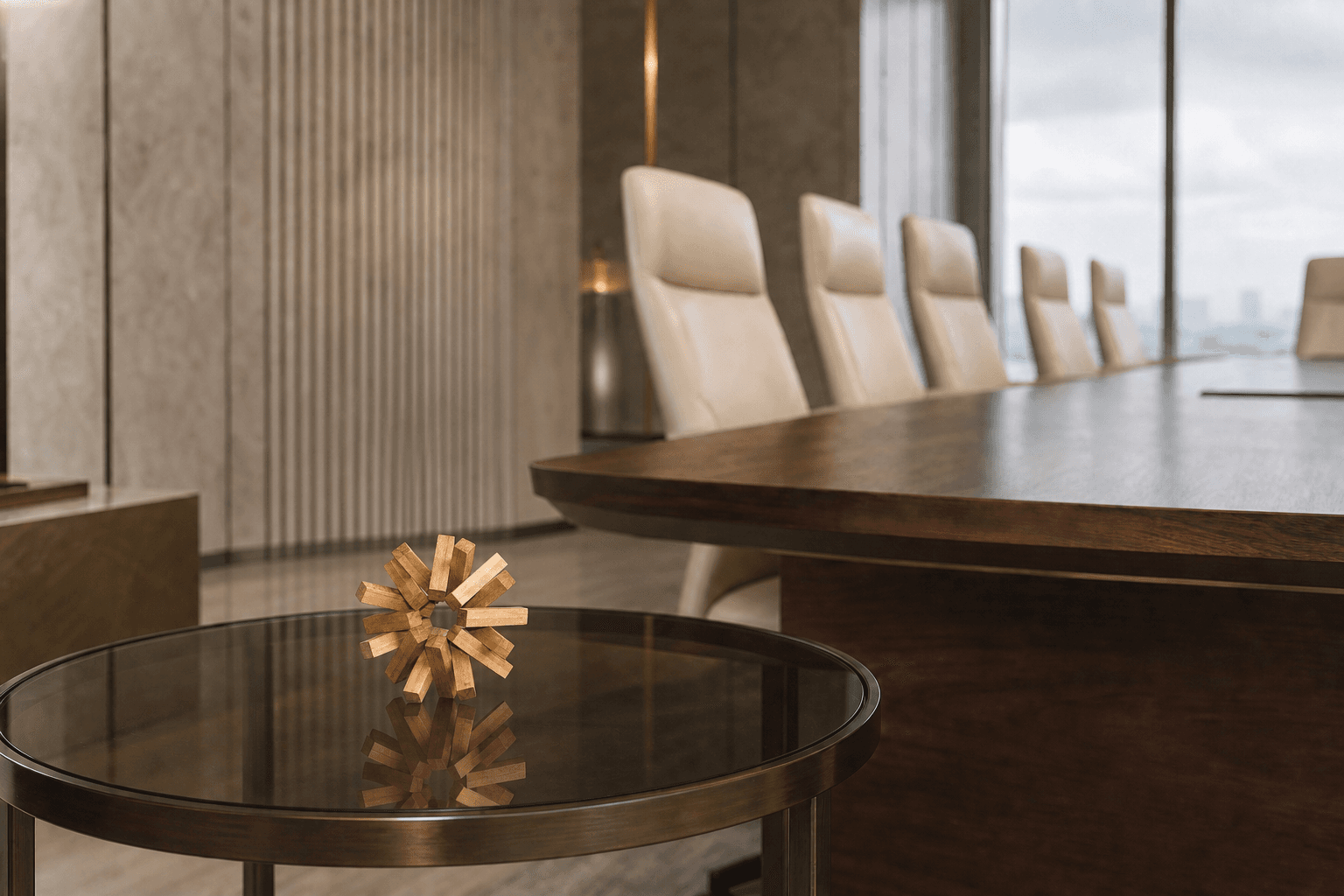 A radial bloom of solid hardwood bars on a smoked-glass table in a contemporary boardroom.