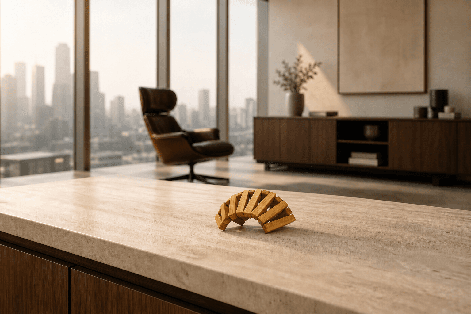 An arched fan arrangement of solid hardwood bars on a travertine credenza in a sunlit executive office.