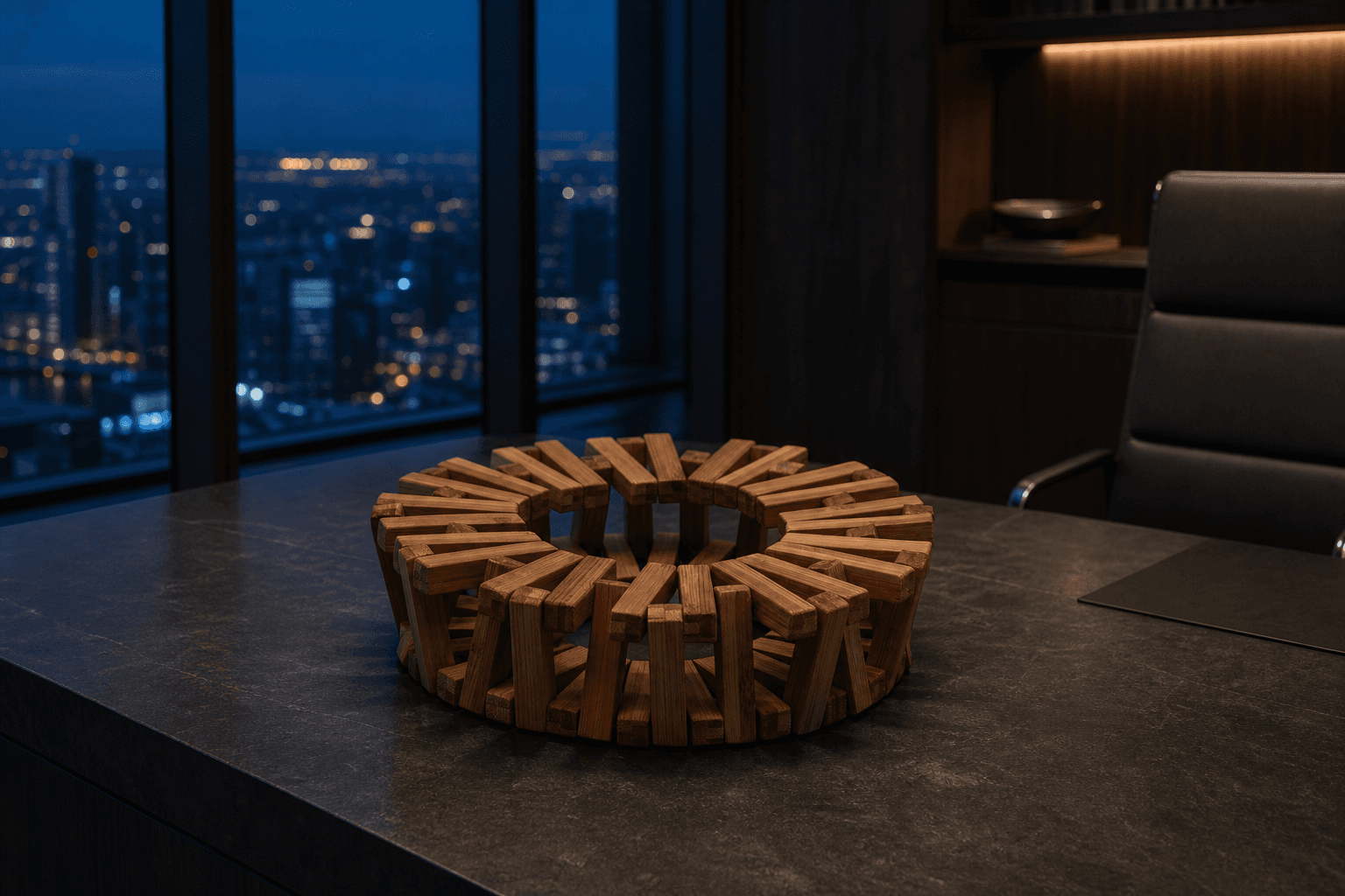 An open radial arrangement of hardwood bars on a dark stone desk in a contemporary office at blue hour.