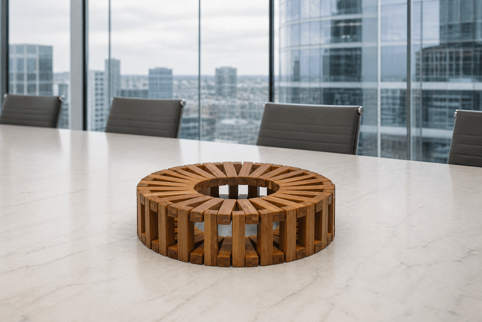 A precise radial arrangement of hardwood bars on a pale stone table in a glass boardroom.