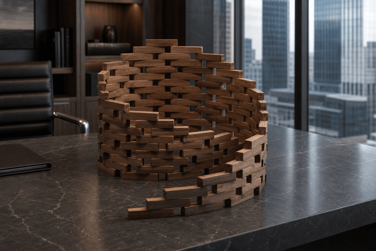 An open spiral of hardwood bars arranged on a stone desk in a contemporary corner office.