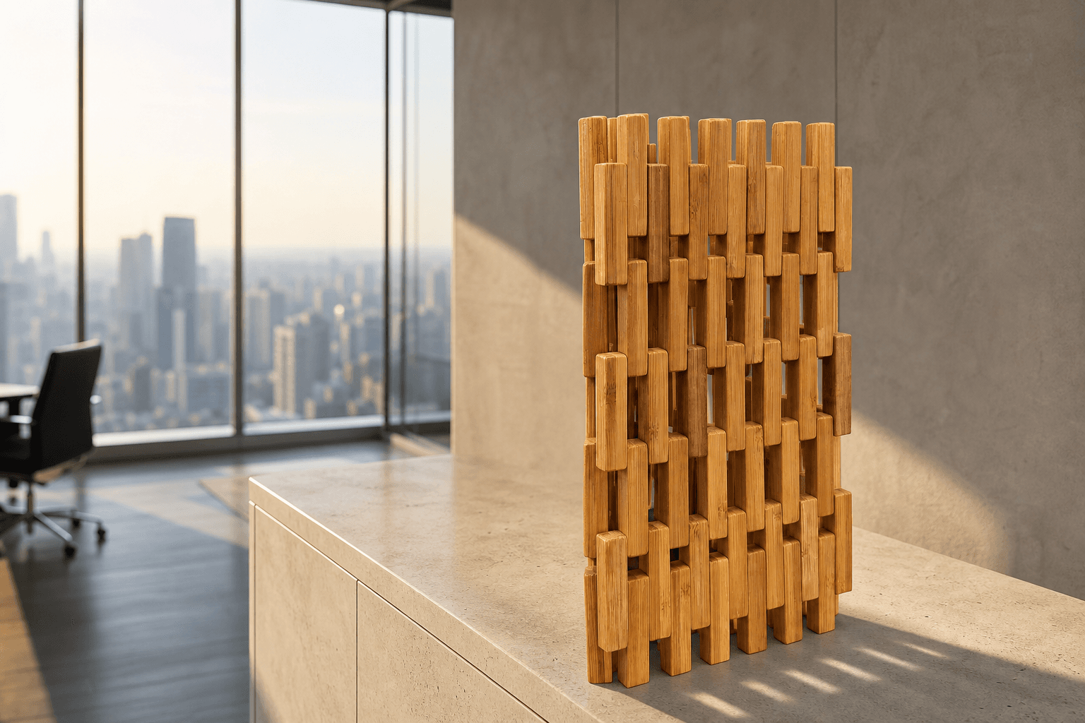 A tall woven arrangement of hardwood bars on a limestone credenza in a contemporary corner office.